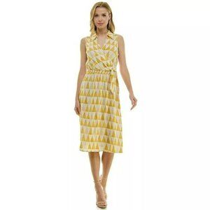 Luxology Tie Elastic Waist Midi Dress Yellow Mustard Cream Sleeveless Size M
